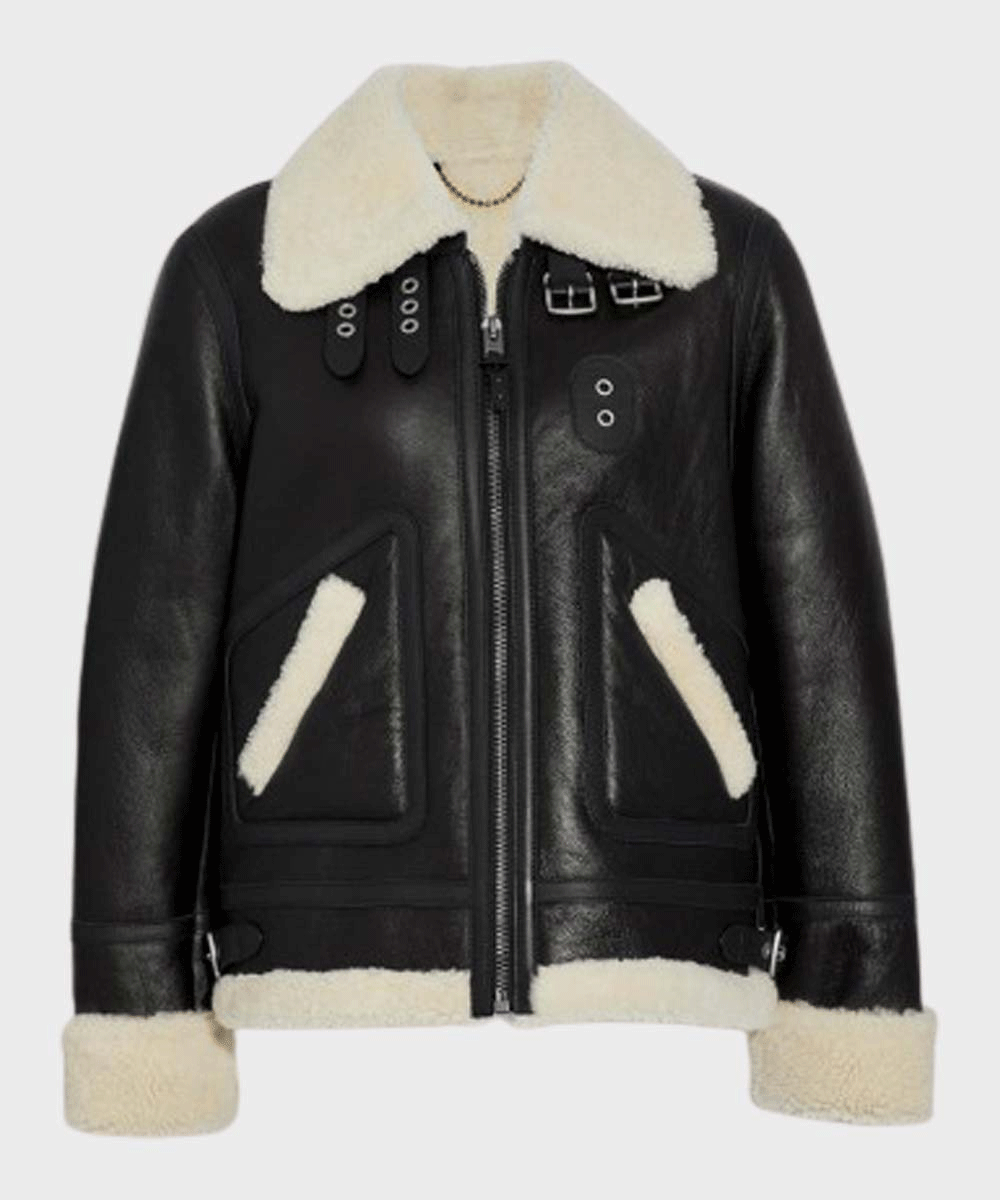 Women's Black B3 Aviator Ivory Shearling Leather Jacket