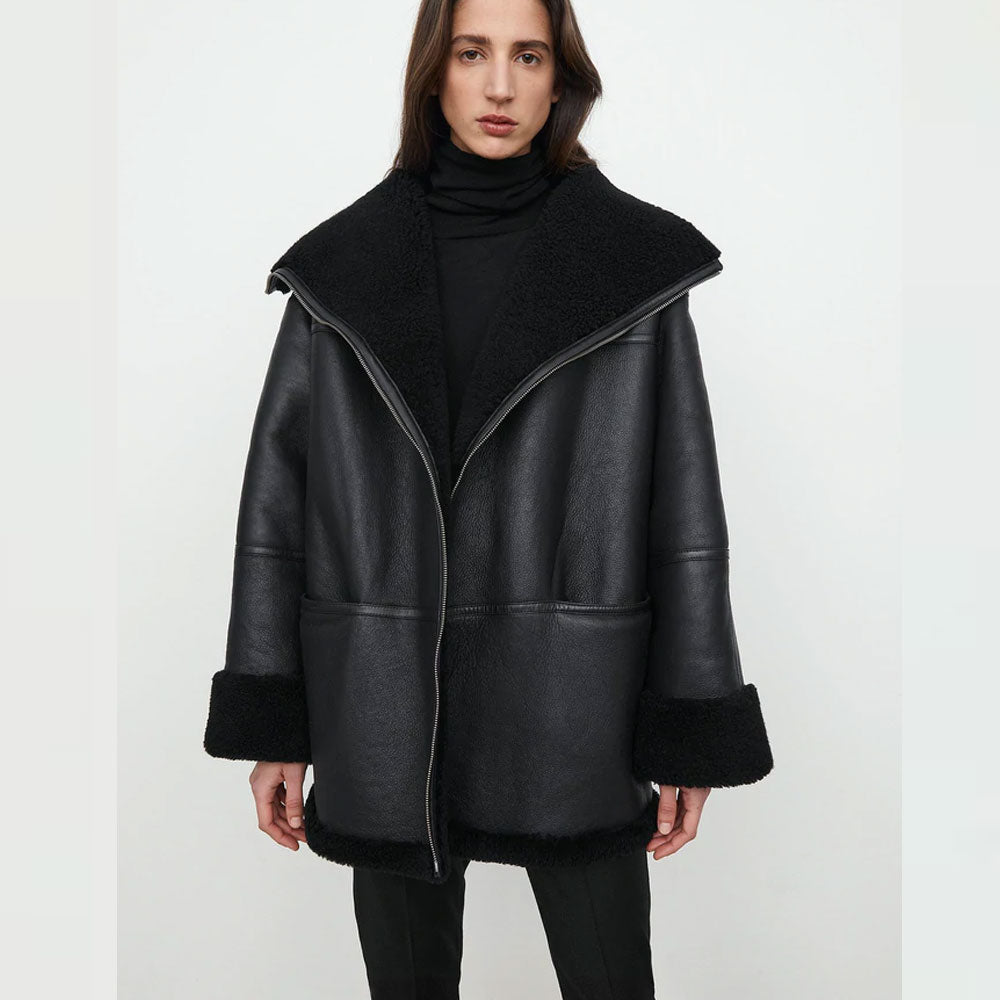 Women’s B3 RAF Aviator Black Sheepskin Shearling Leather Jacket