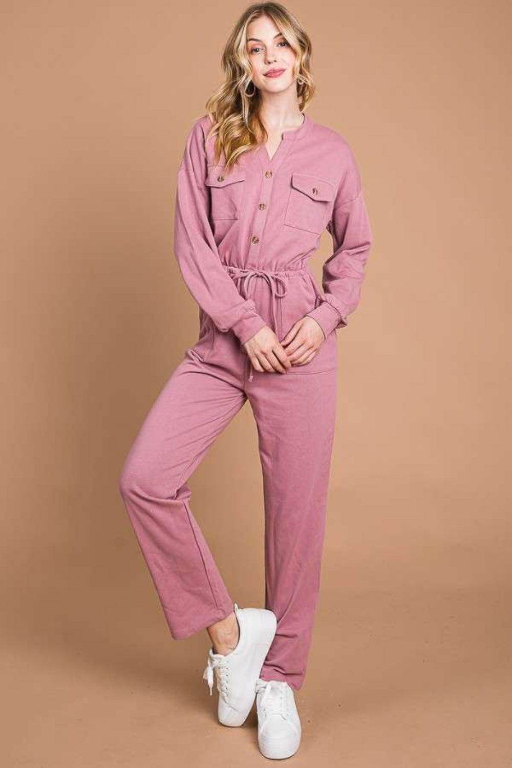 Culture Code Full Size Button Up Drawstring Waist Jumpsuit