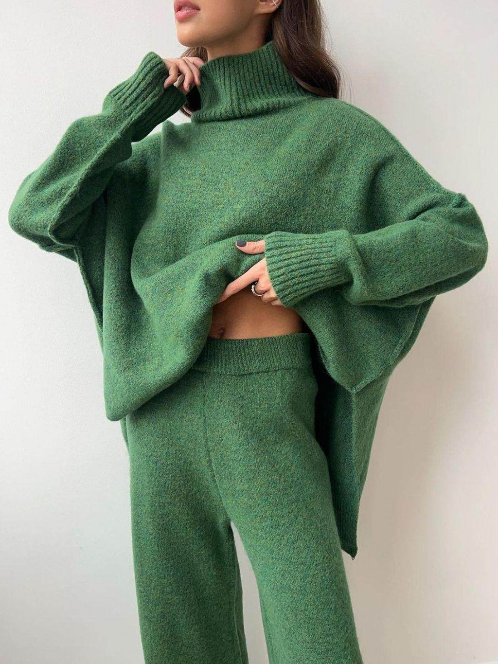 Slit Turtleneck Long Sleeve Top and Pants Sweater Set Outfit
