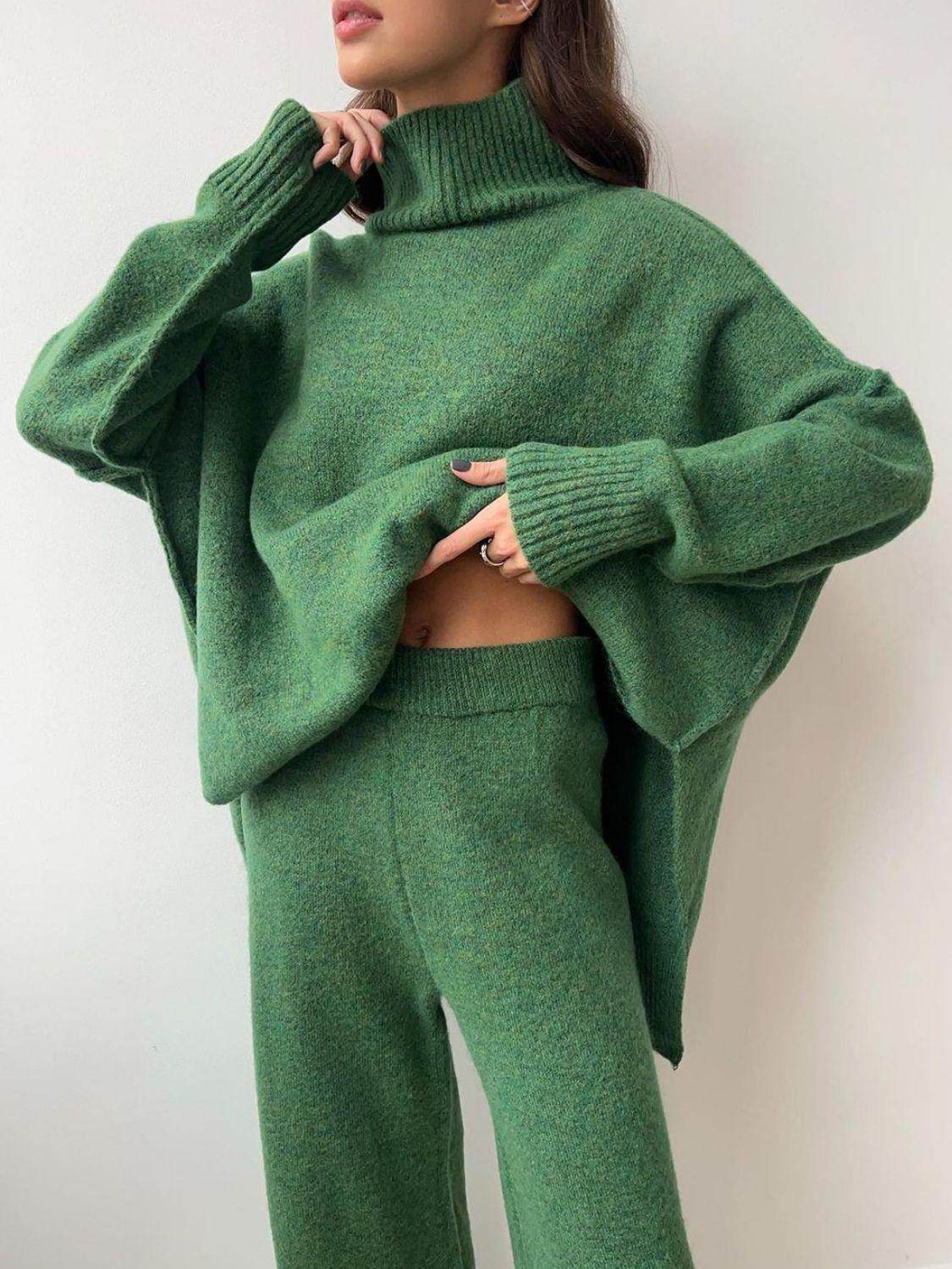 Slit Turtleneck Long Sleeve Top and Pants Sweater Set Outfit