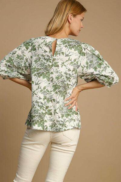 Umgee Floral Pleated Detail Lace Trim Sleeve Blouse Women