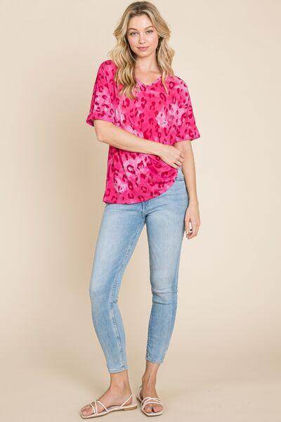 BOMBOM Leopard V-Neck Short Sleeve T-Shirt for Women
