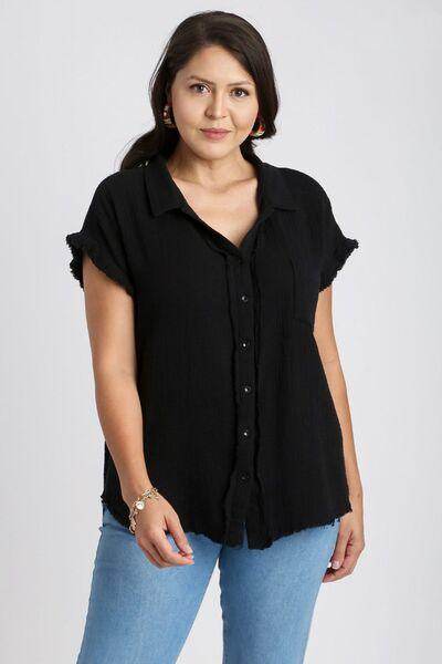 Umgee Full Size Frayed Hem Collared Neck Shirt Plus Size