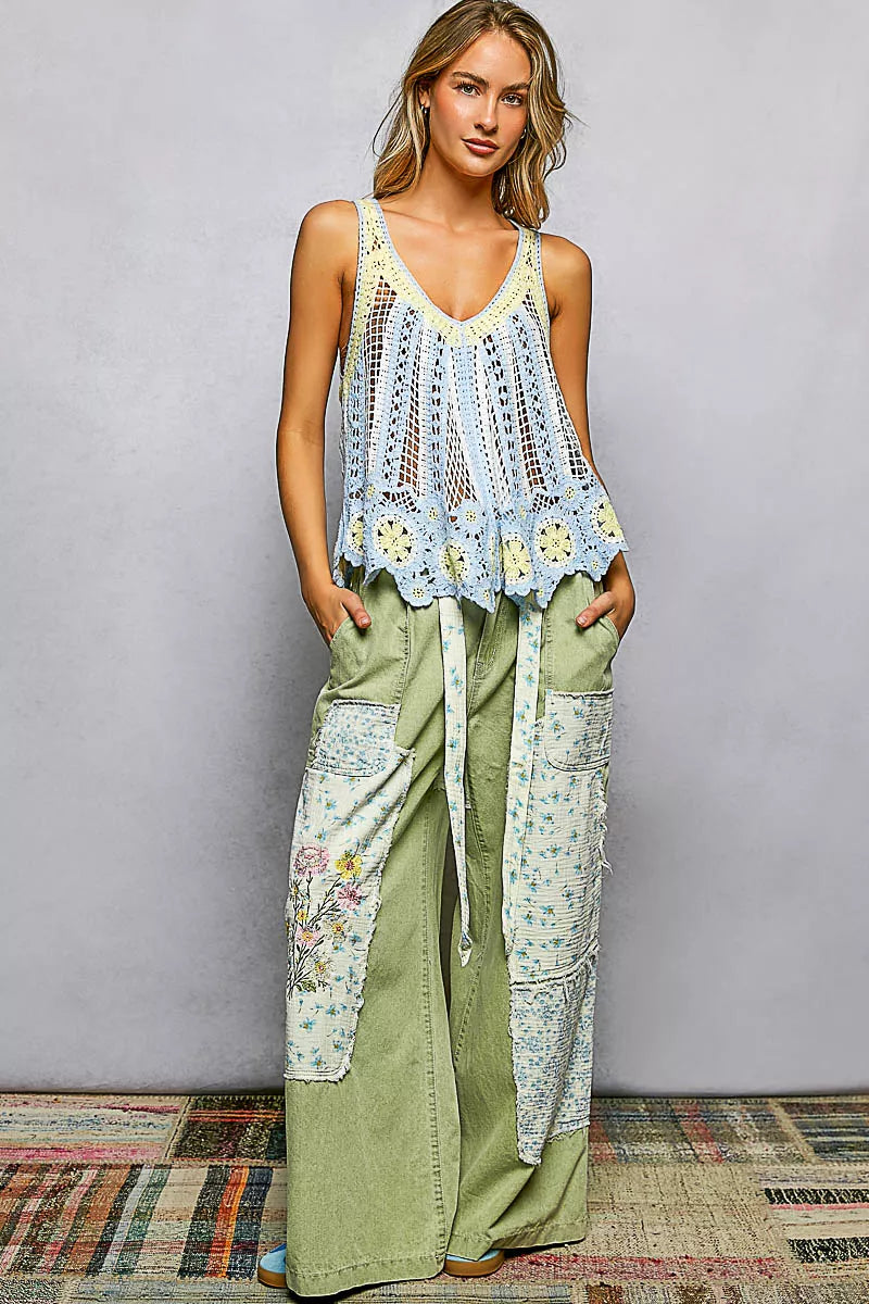 POL Openwork Stripe Pattern Flowy Tank with Scalloped Edge