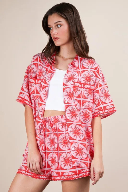 VERY J Full Size Tropical Printed Shirt Top and Shorts Set Plus Size