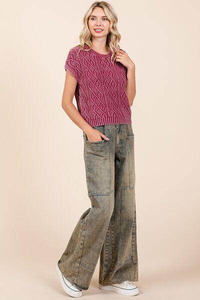 Mittoshop Washed Wide Leg Jeans with Pockets for Women