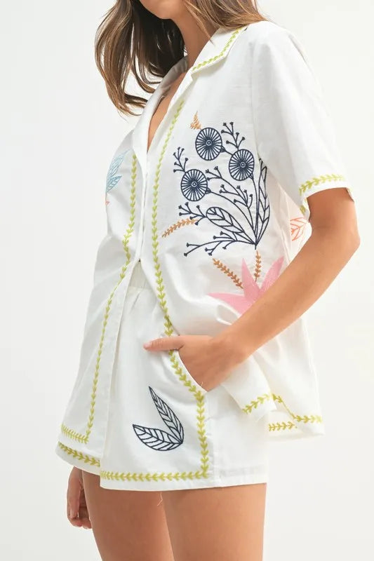 MABLE Embroidered Button Down Shirt and Shorts Set