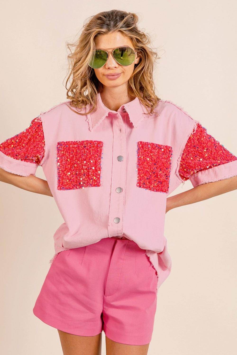 BiBi Sequin Detail Raw Hem Short Sleeve Shirt Glamorous