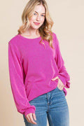 BOMBOM Long Sleeve Curved Hem Ribbed T-Shirt for Women