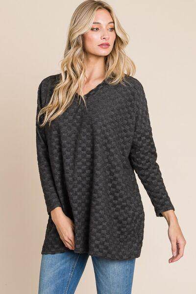 BOMBOM Checkered Long Sleeve V-Neck T-Shirt for Women