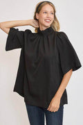 Umgee Bow Tie Back Mock Neck Half Sleeve Blouse for Women