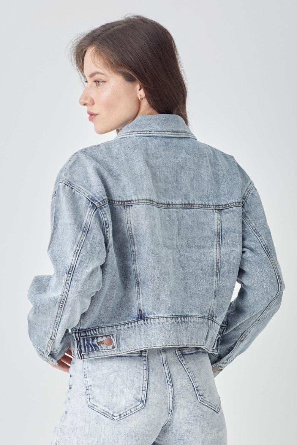 RISEN Full Size Button Down Cropped Denim Jacket for Women