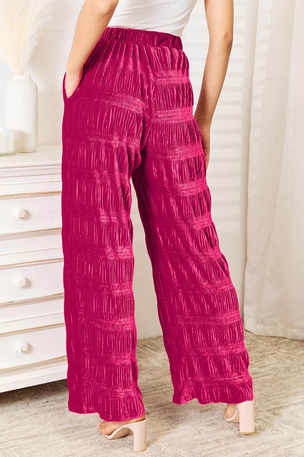 Double Take Full Size High Waist Tiered Shirring Velvet Pants
