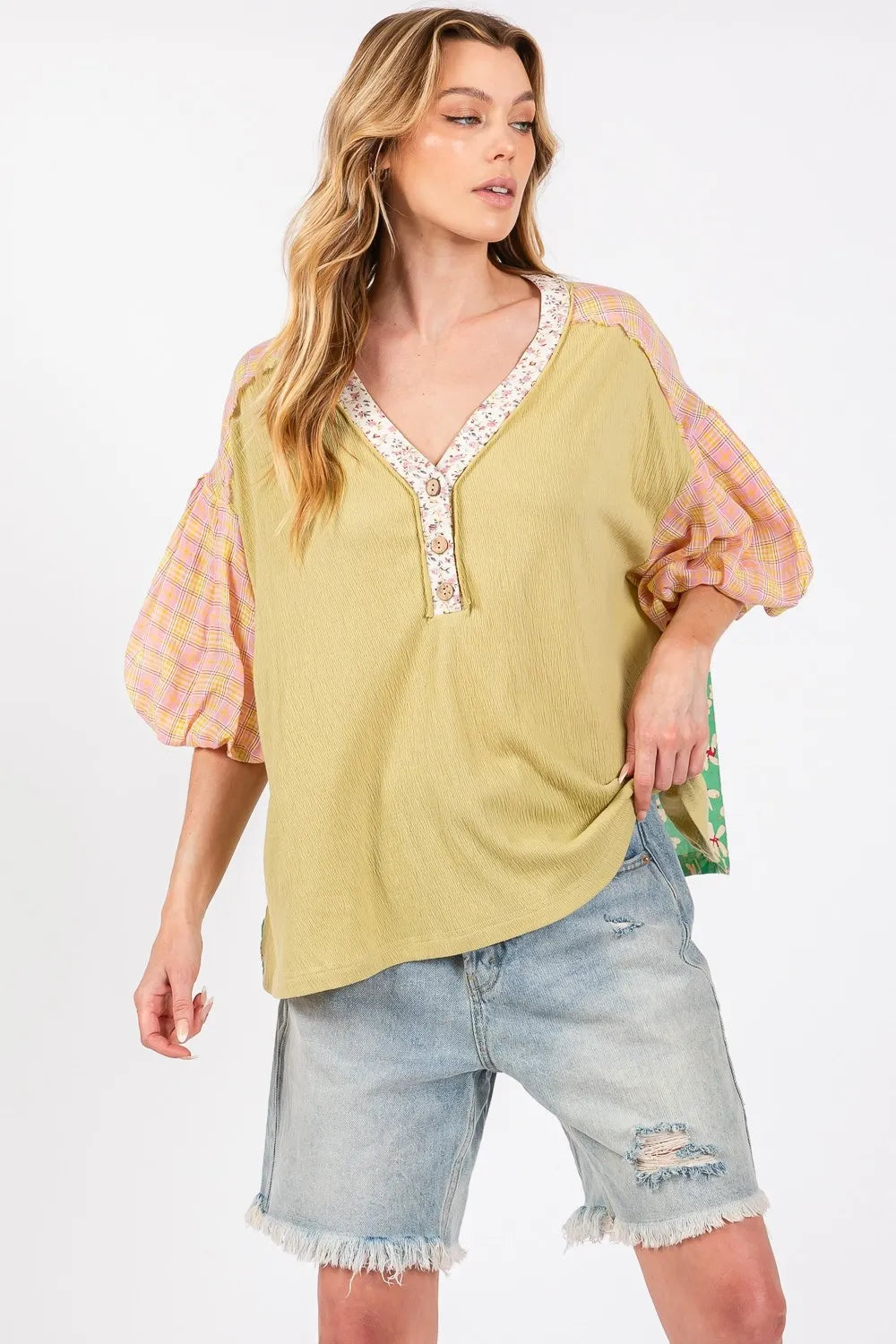 SAGE + FIG Full Size Color Block Bubble Sleeve Top Plus Size