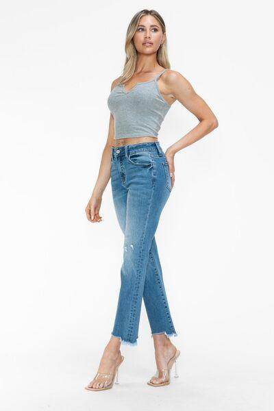 bytos Raw Hem Distressed Mid Rise Crop Jeans for Women