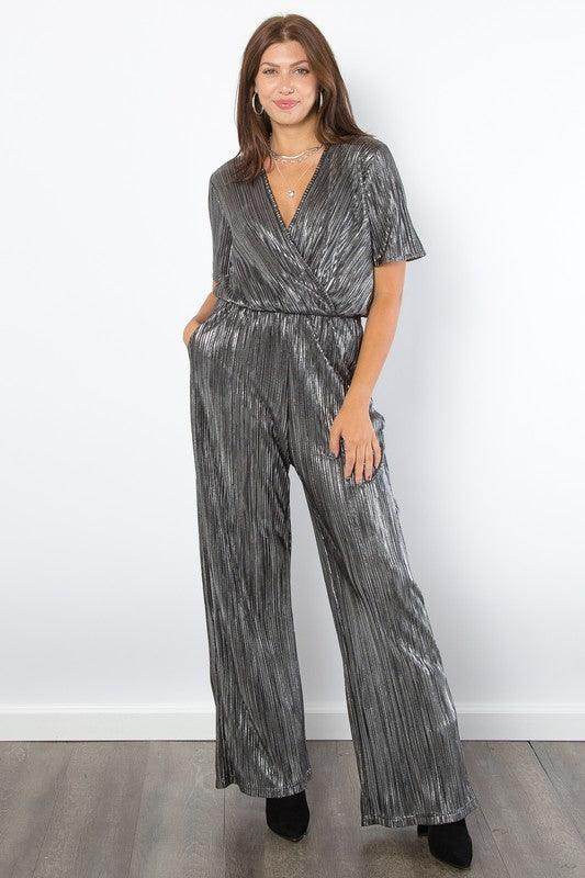 Be Stage Surplice Short Sleeve Pleated Foil Jumpsuit Stylish