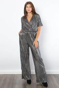 Be Stage Surplice Short Sleeve Pleated Foil Jumpsuit Stylish