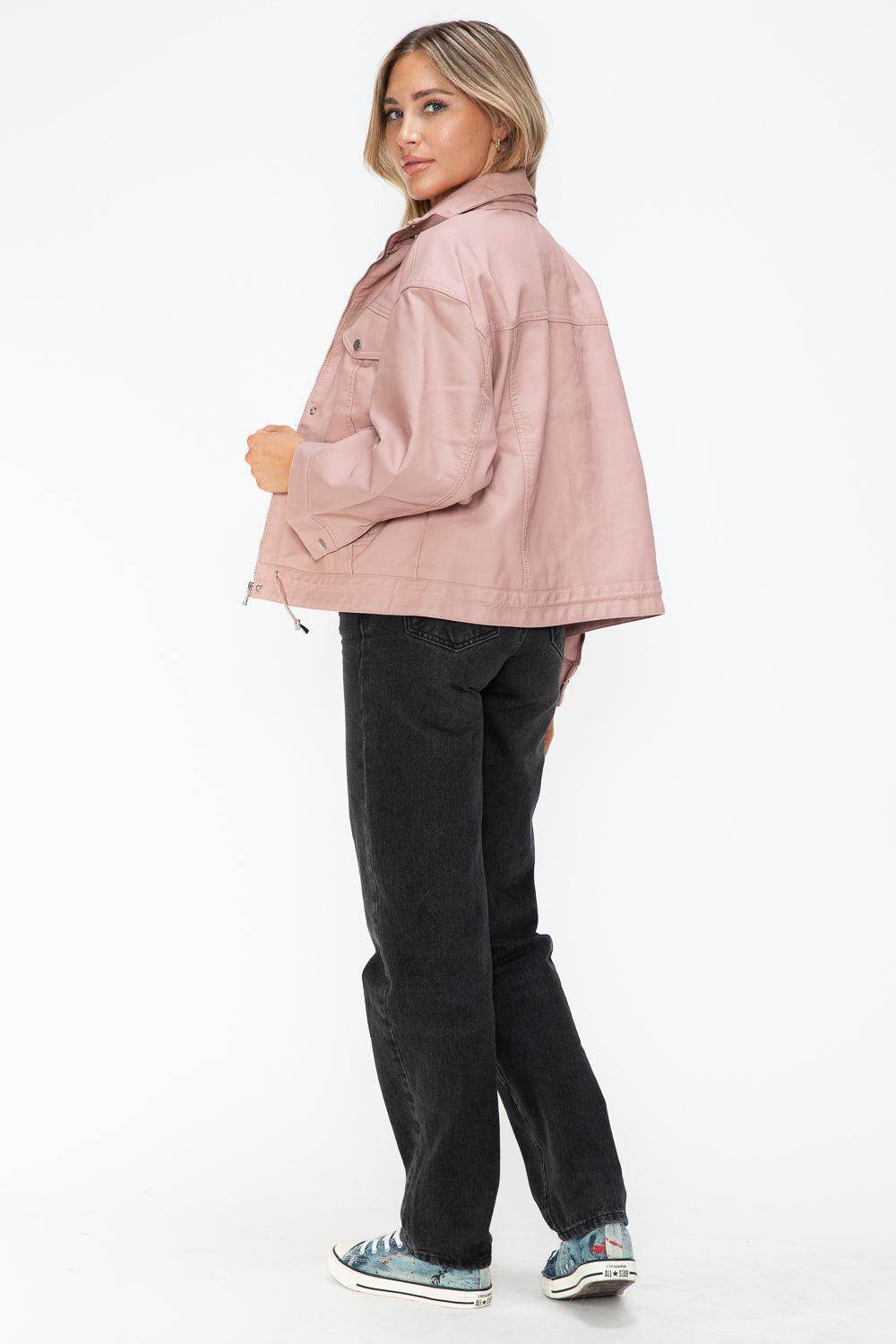 How Dare U Drawstring Hem PU Leather Zip Up Jacket for Women