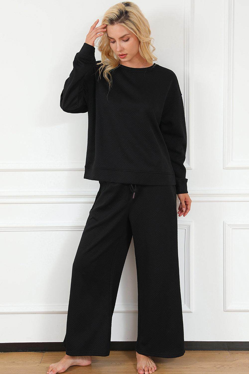 Double Take Full Size Textured Long Sleeve Top and Drawstring Pants Set for Women