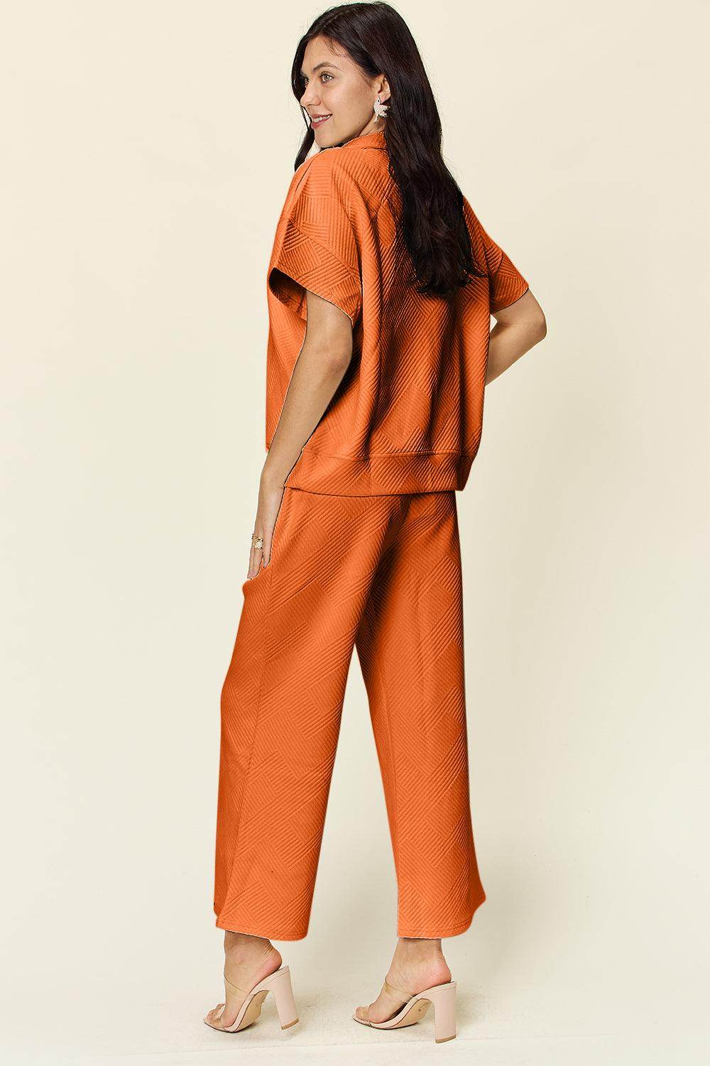Double Take Full Size Texture Half Zip Short Sleeve Top Set