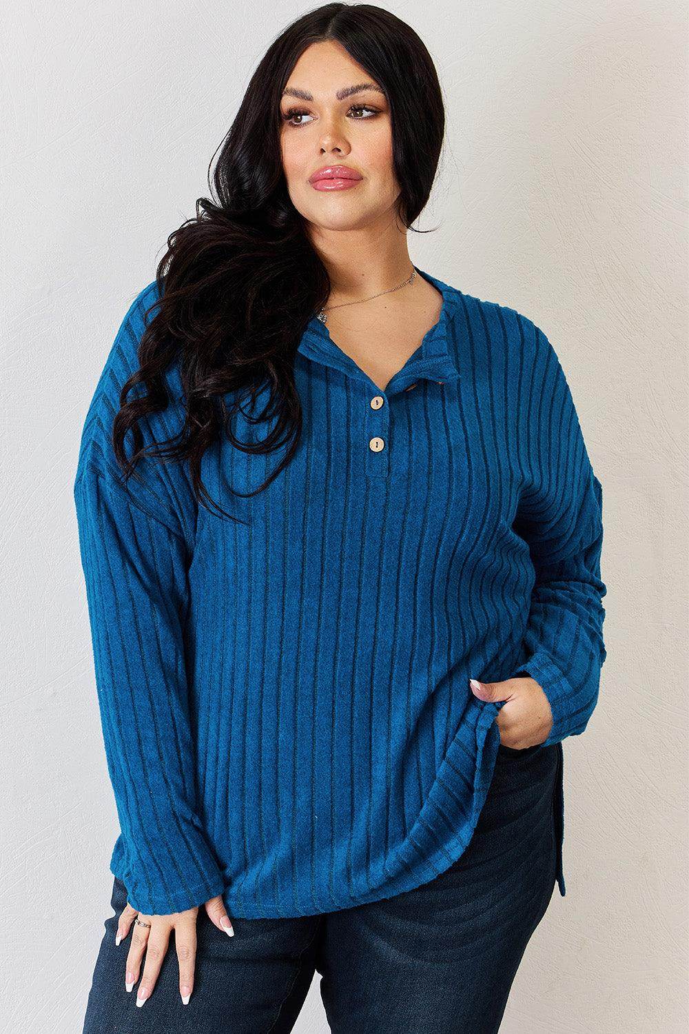 Basic Bae Full Size Ribbed Half Button Long Sleeve T-Shirt