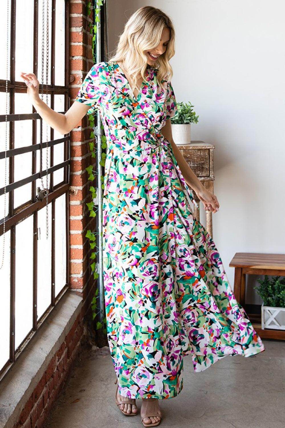 First Love Slit Printed Surplice Tie Waist Dress for Women