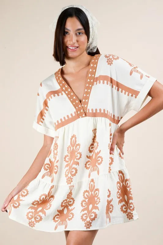 VERY J Printed V-Neck Woven Mini Dress