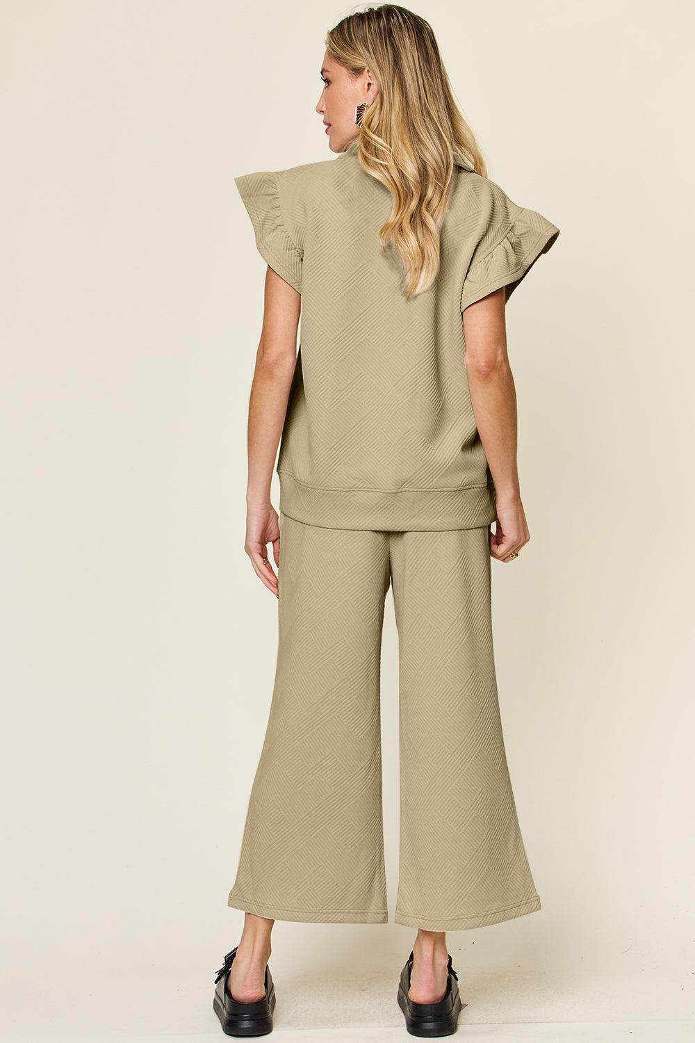 Double Take Texture Ruffle Short Sleeve Top and Pants Set