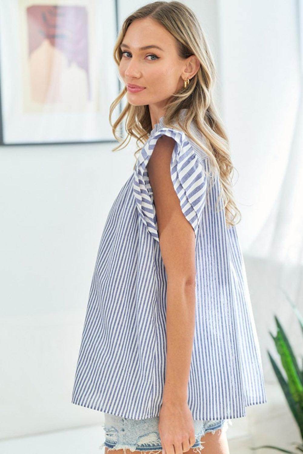 First Love Full Size Striped Flutter Sleeve Blouse for Women