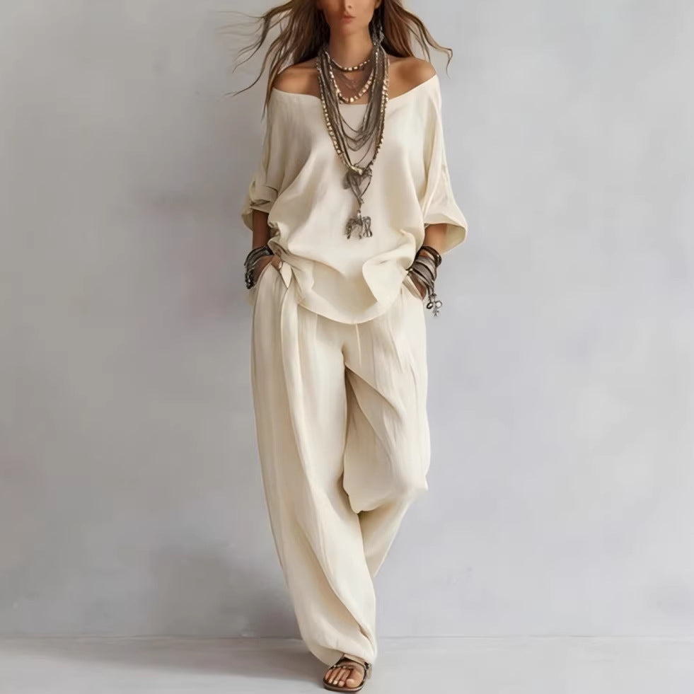 Chiffon Puff-Sleeve Top & Wide-Leg Pants Set – 15 Colors