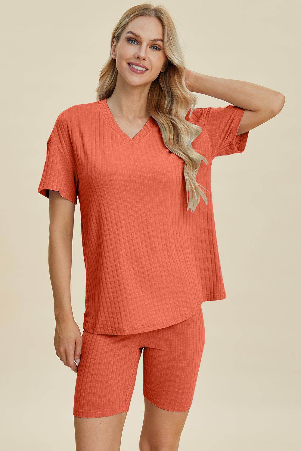 Basic Bae Full Size Ribbed V-Neck Top and Shorts Set For Women
