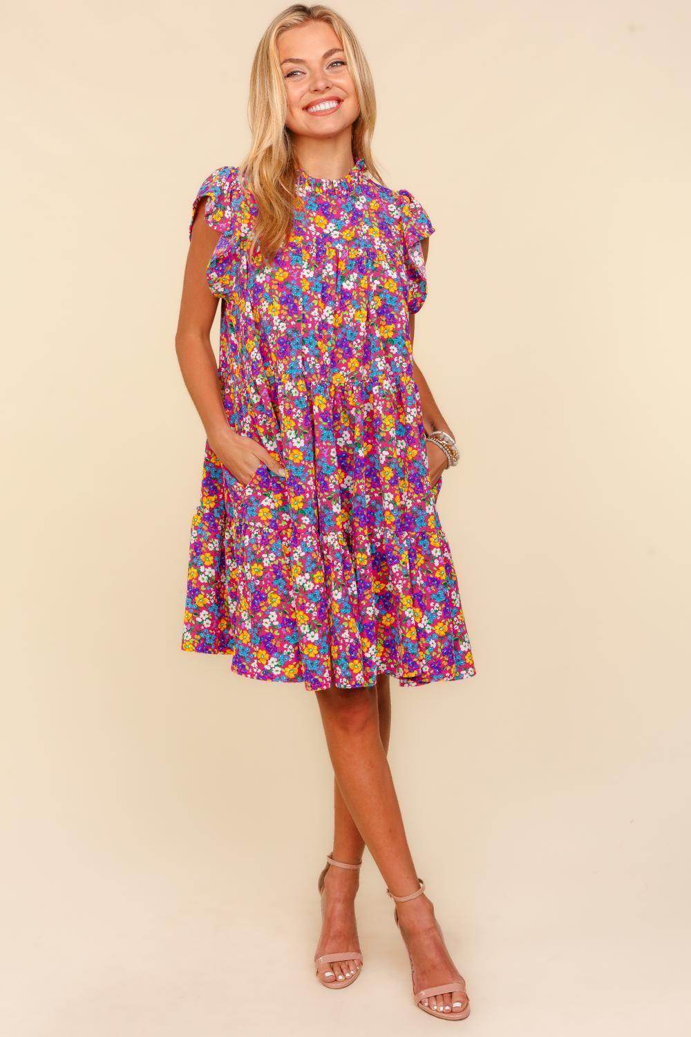 Haptics Frilled Mock Neck Ditsy Floral Dress for Women
