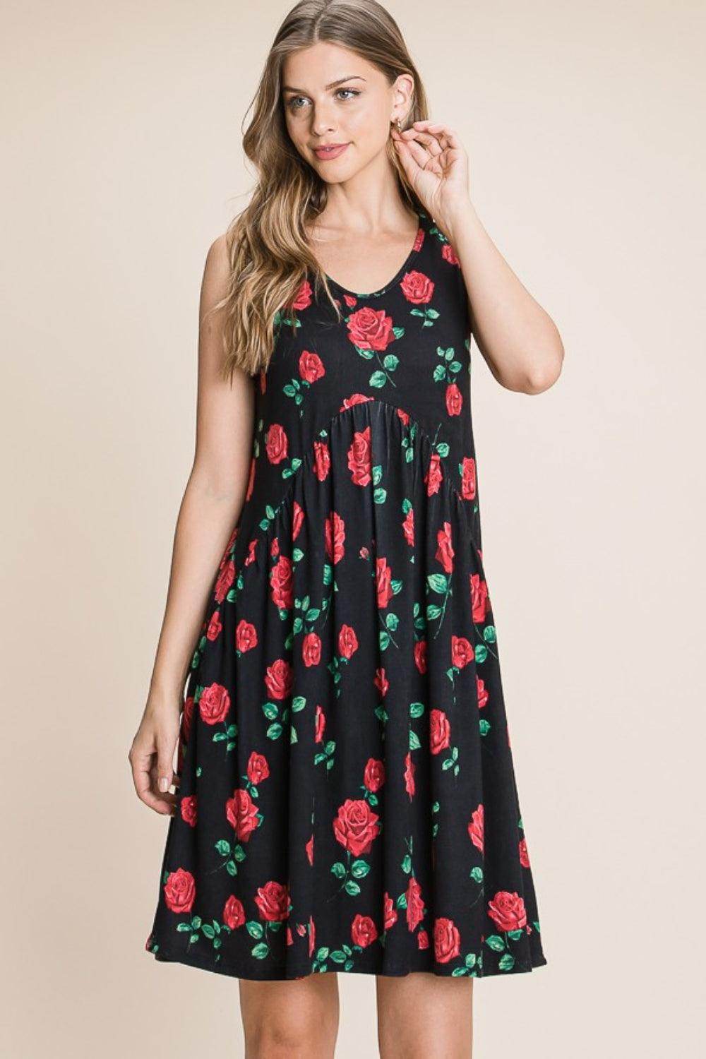 BOMBOM Floral Ruched Tank Dress for Summer Style