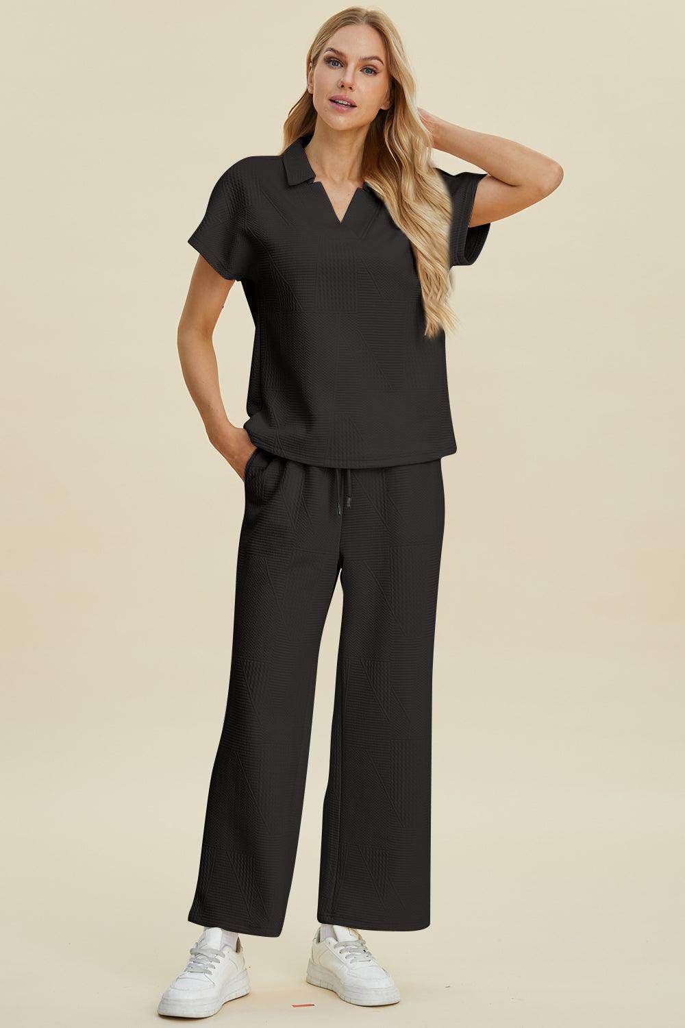 Double Take Full Size Collared Neck Short Sleeve Top Set