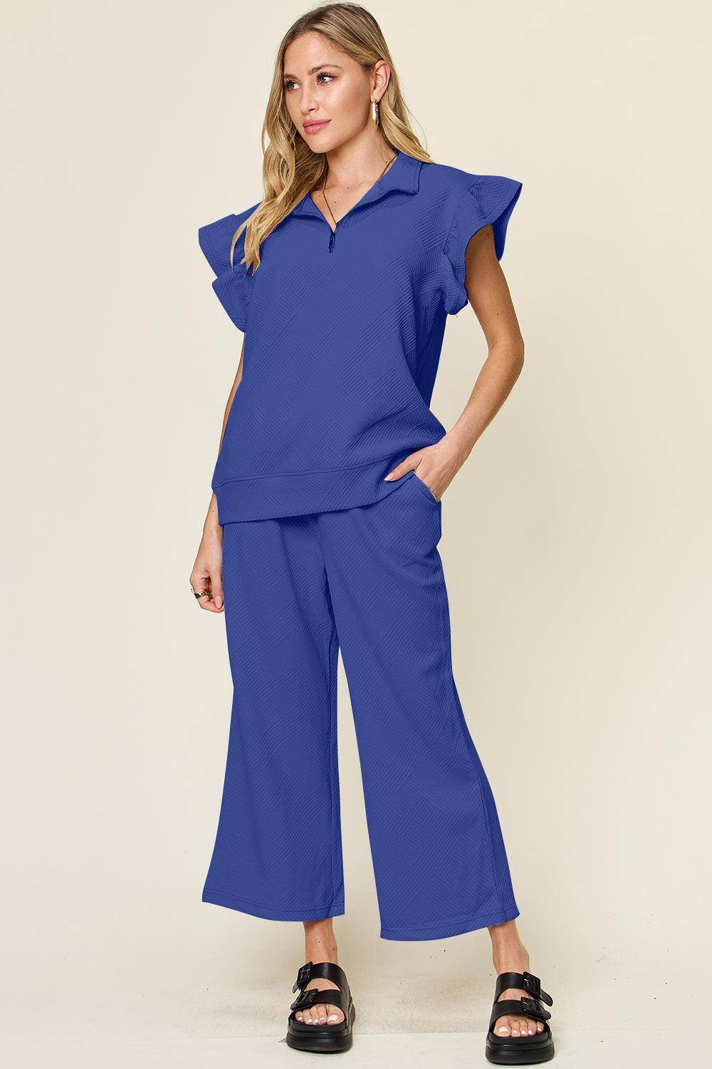 Double Take Texture Ruffle Short Sleeve Top and Pants Set