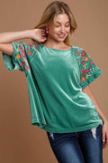 Umgee Velvet Embroidery Short Sleeve Blouse for Women
