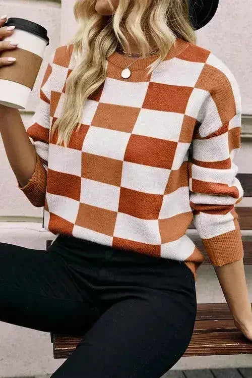 Checkered Drop Shoulder Sweater - Khaki Knit | Femstylo