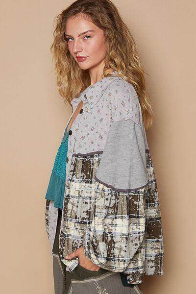 POL Balloon Sleeve Floral Color Block Plaid Shirt for Women