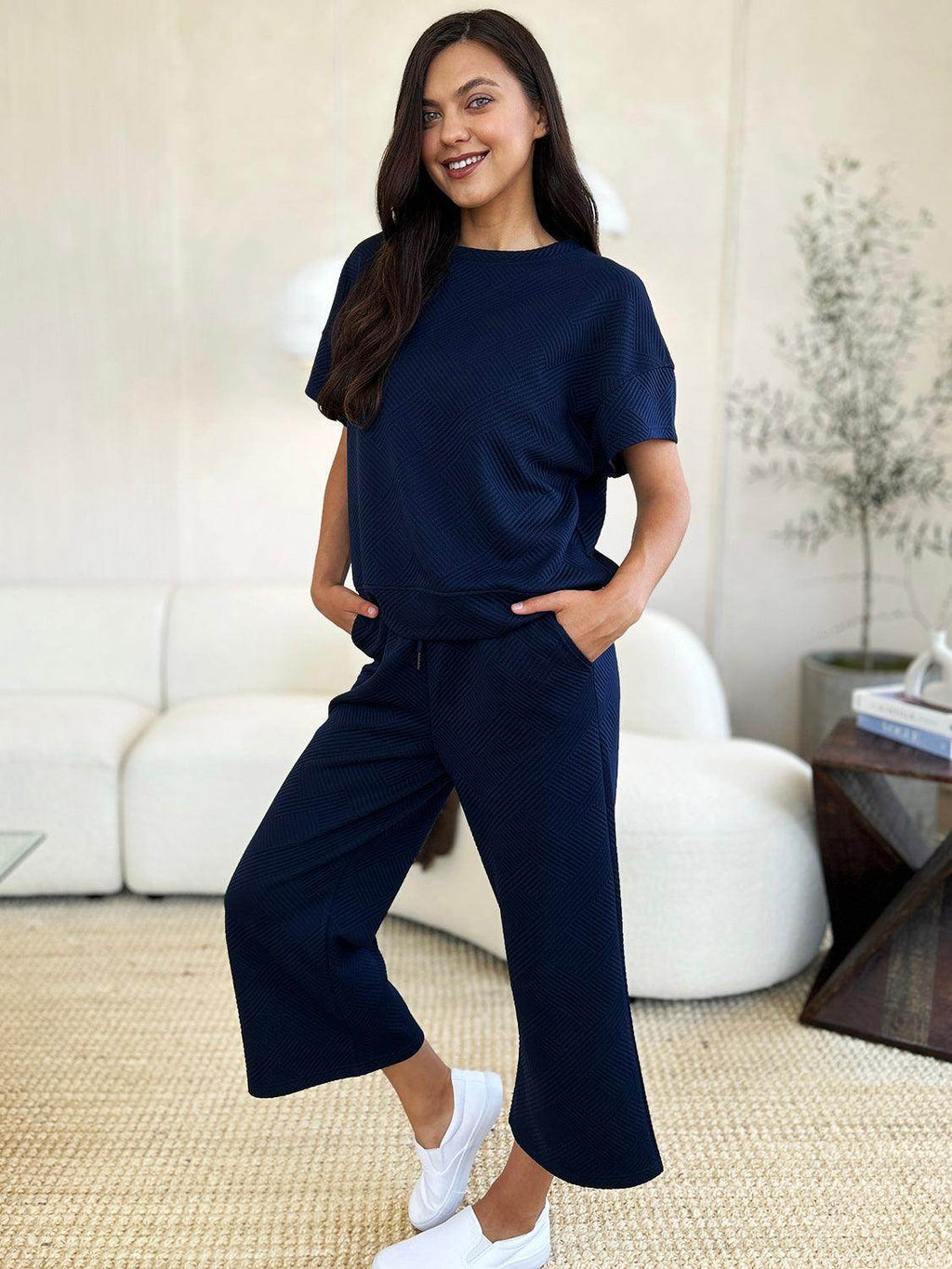Double Take Full Size Texture Top and Pants Set for Women