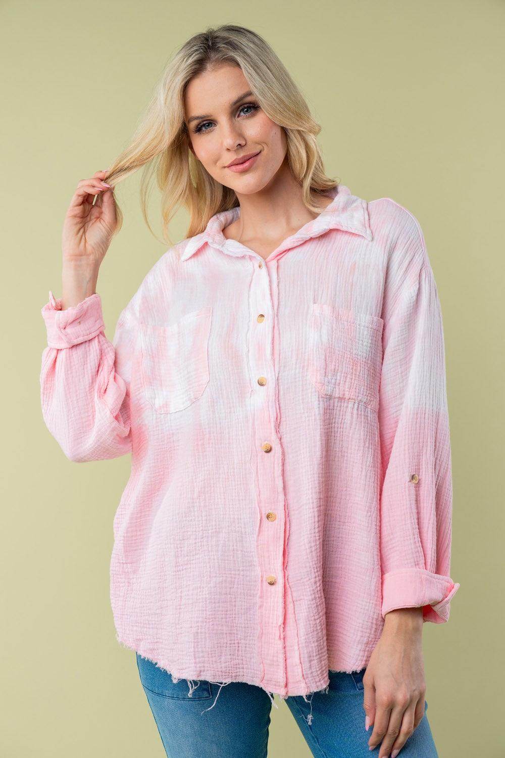 White Birch Full Size Long Sleeve Tie Dye Shirt for Women