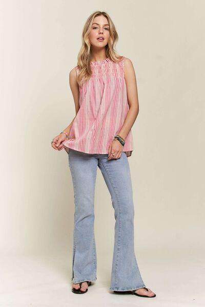 ADORA Contrast Striped Frill Round Neck Sleeveless Top for Women