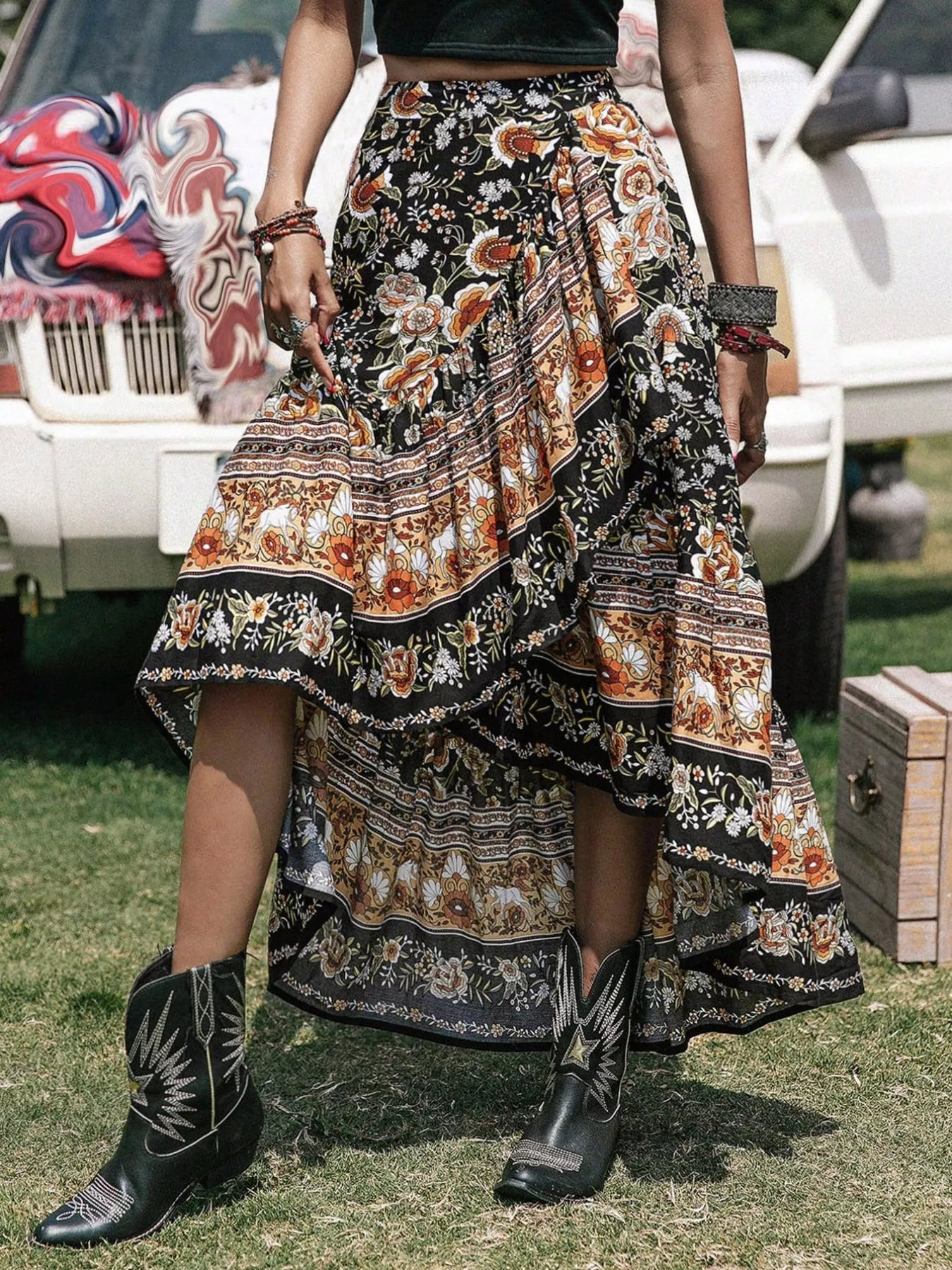 Boho Floral Print High-Low Skirt