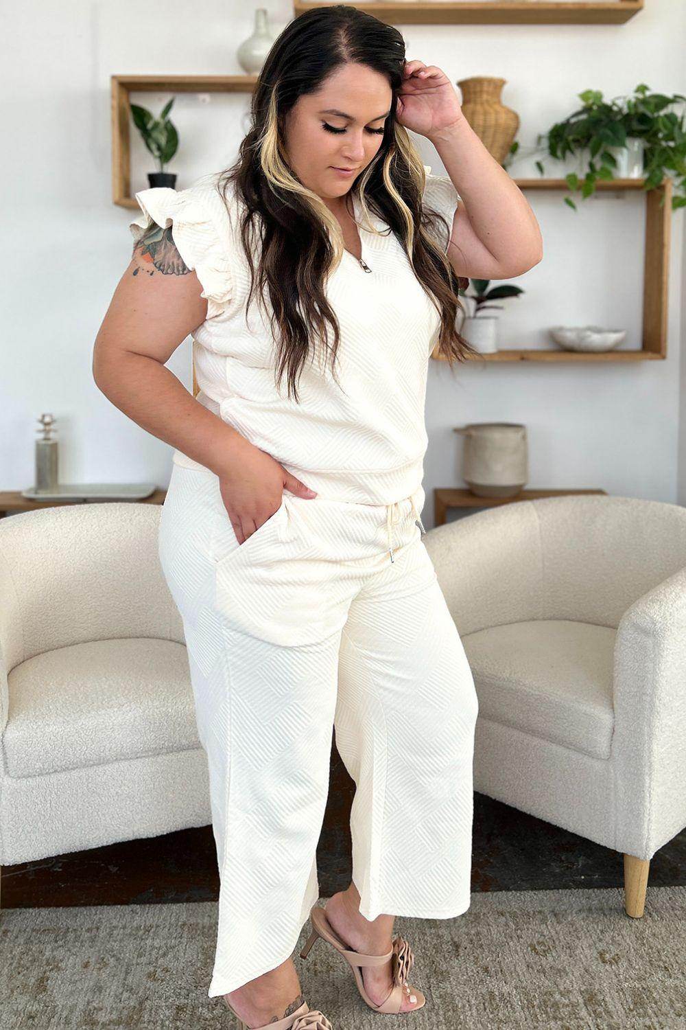 Double Take Texture Ruffle Short Sleeve Top and Pants Set