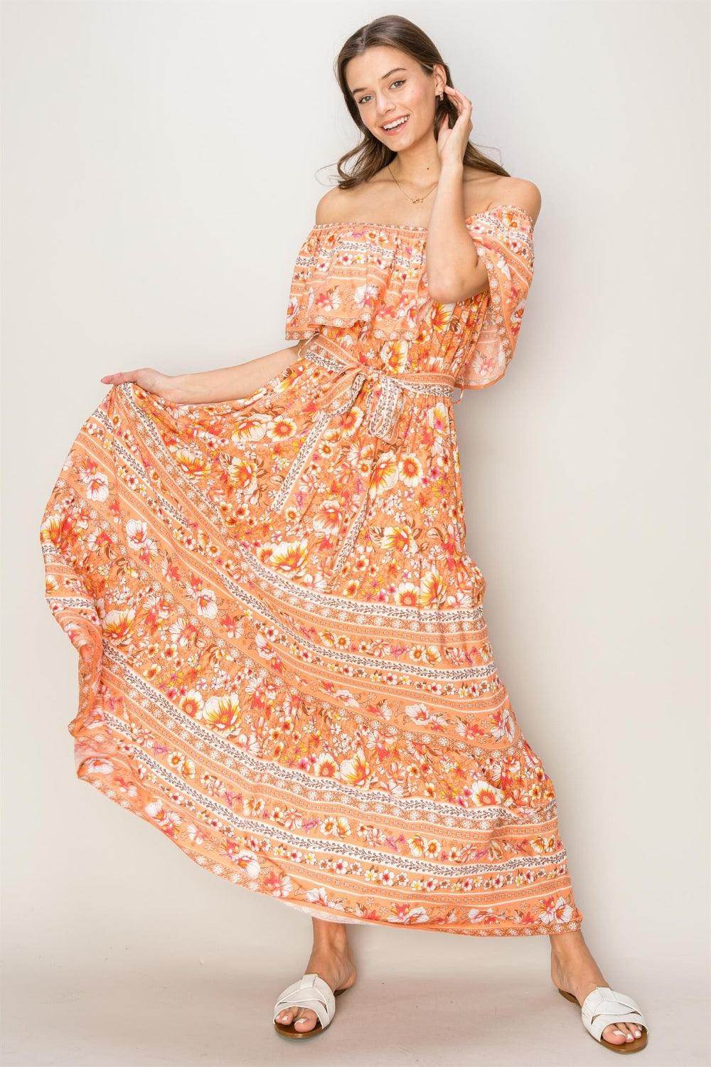 HYFVE Floral Off-Shoulder Tie Front Maxi Dress for Women