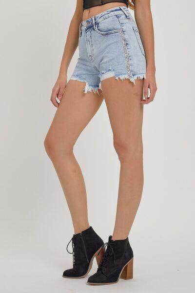 RISEN Full Size High Rise Rhinestone Strap Denim Shorts