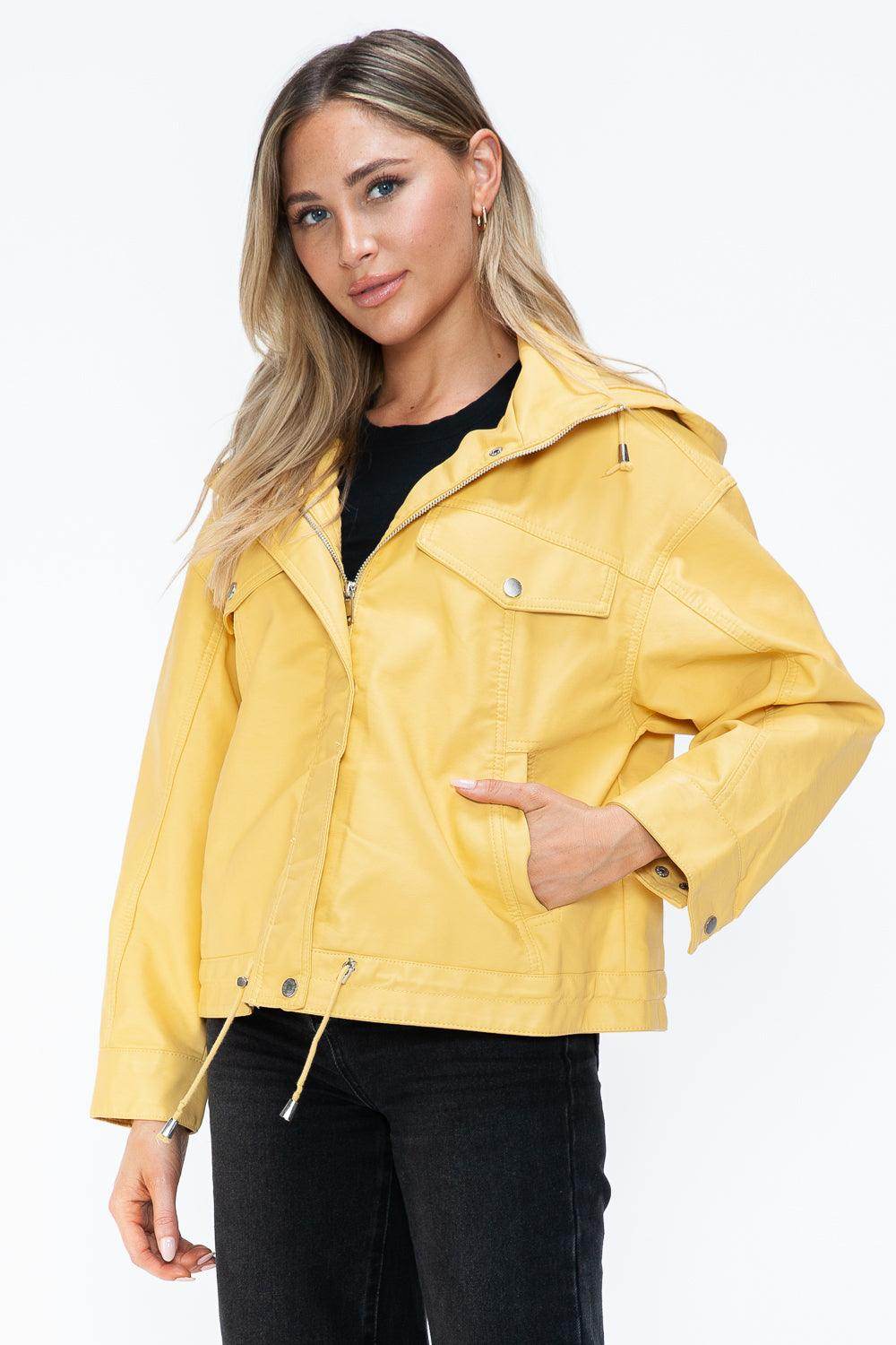 How Dare U Drawstring Hem PU Leather Zip Up Jacket for Women