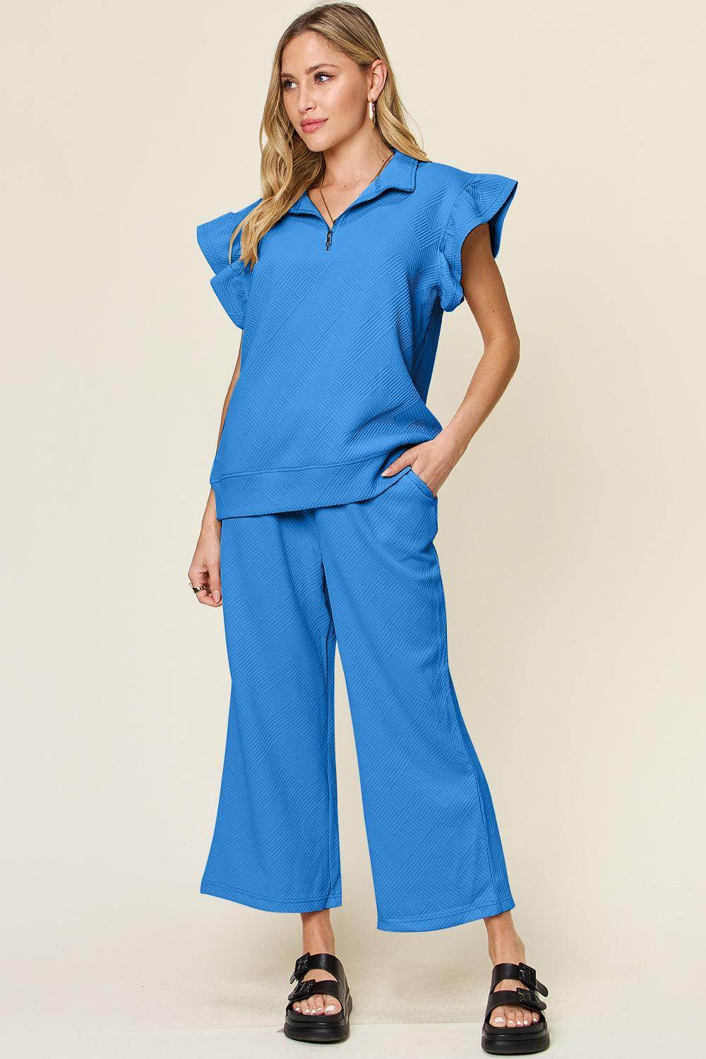 Double Take Texture Ruffle Short Sleeve Top and Pants Set