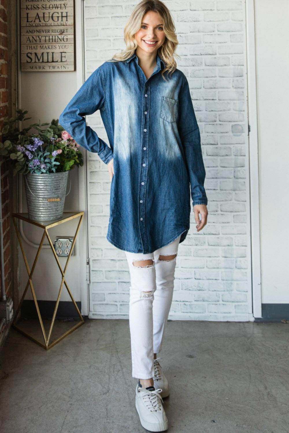 Veveret Pocketed Button Up Washed Denim Shirt for Women