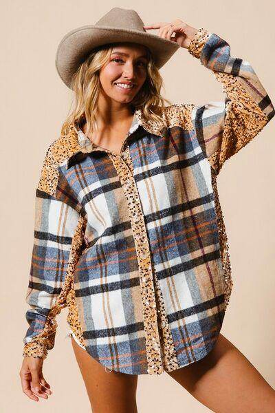 BiBi Curved Hem Sequin Plaid Button Up Shacket Chic Style